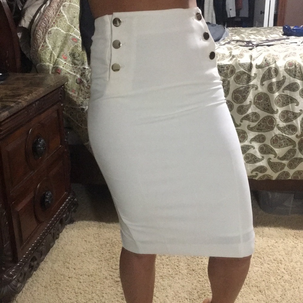White pencil skirt with gold buttons